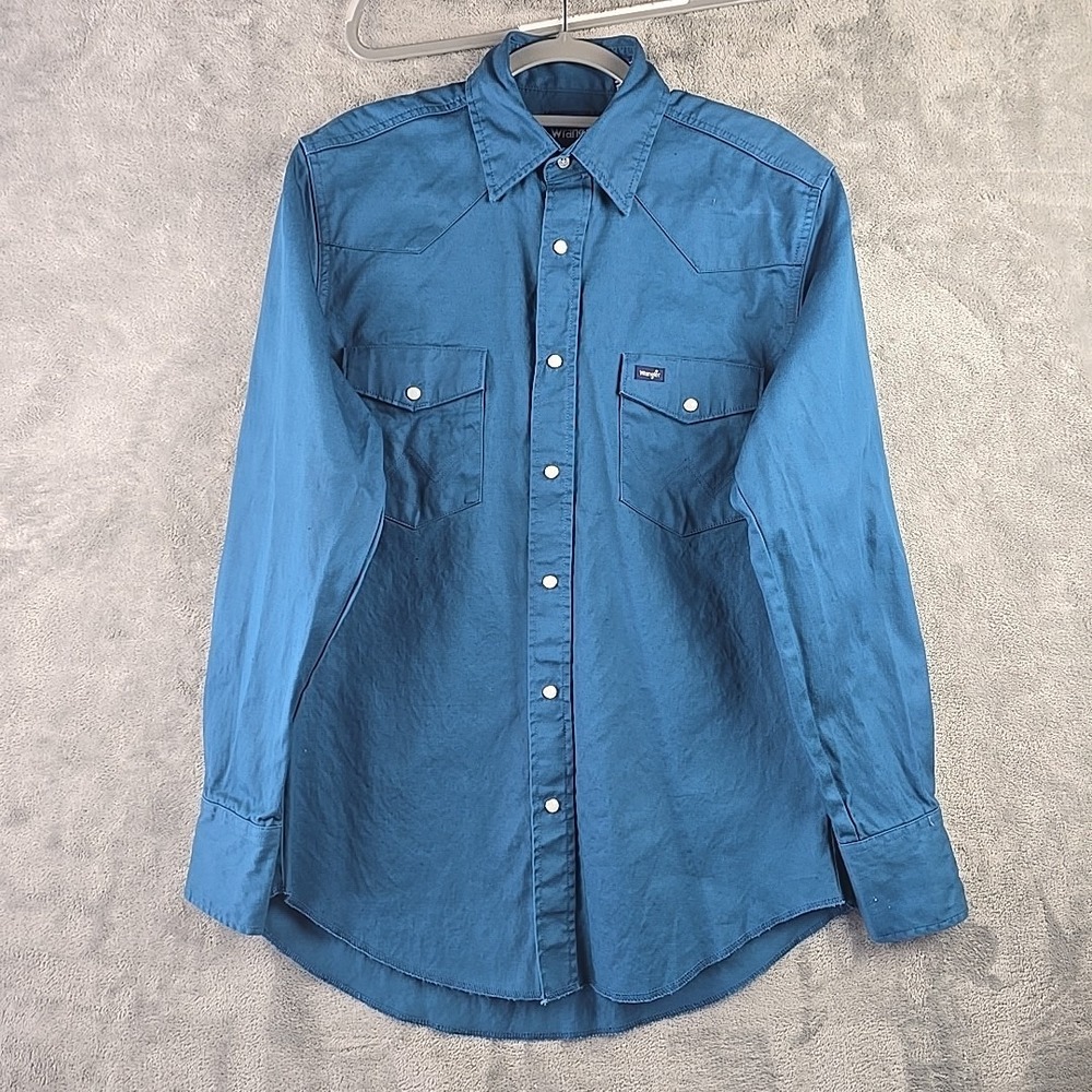 Wrangler Brushpopper Western Shirt Mens Medium‎ Blue Pearl Snap Pockets